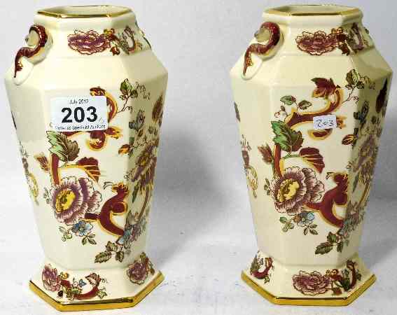 Appraisal: Pair Masons Red Manderlay Snake Handled Vases height cm