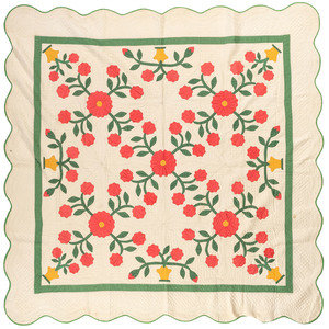 Appraisal: A Basket of Flowers Pattern Quilt with a Scalloped Edge