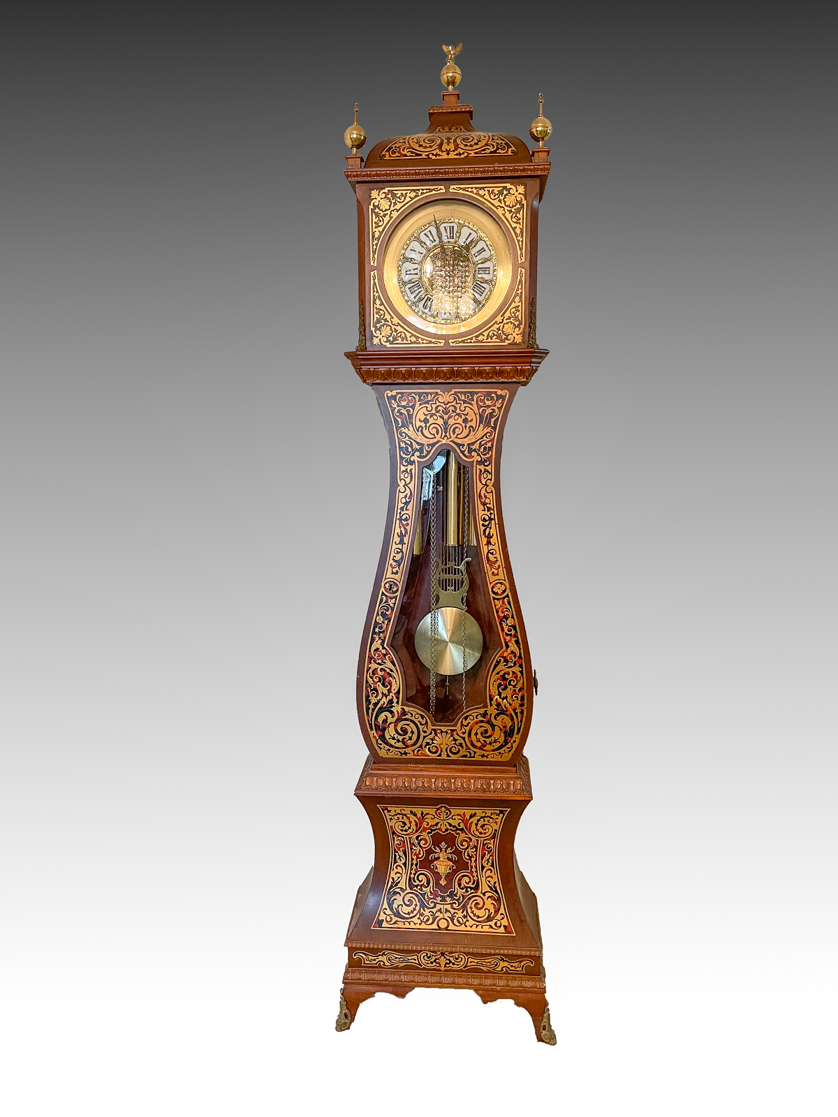 Appraisal: BOULLE STYLE INLAID GRANDFATHER CLOCK Brass inlaid foliate motif with