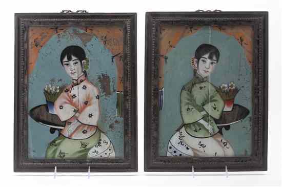 Appraisal: A Pair of Chinese Reverse Paintings on Glass each depicting