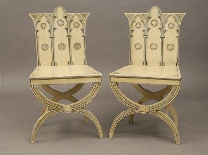 Appraisal: Pair of Regency 'Gothick'-Style Painted Hall Chairs Modern x x