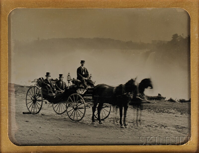 Appraisal: Full-plate Ambrotype Depicting a Horse-drawn Carriage and Three Figures Before