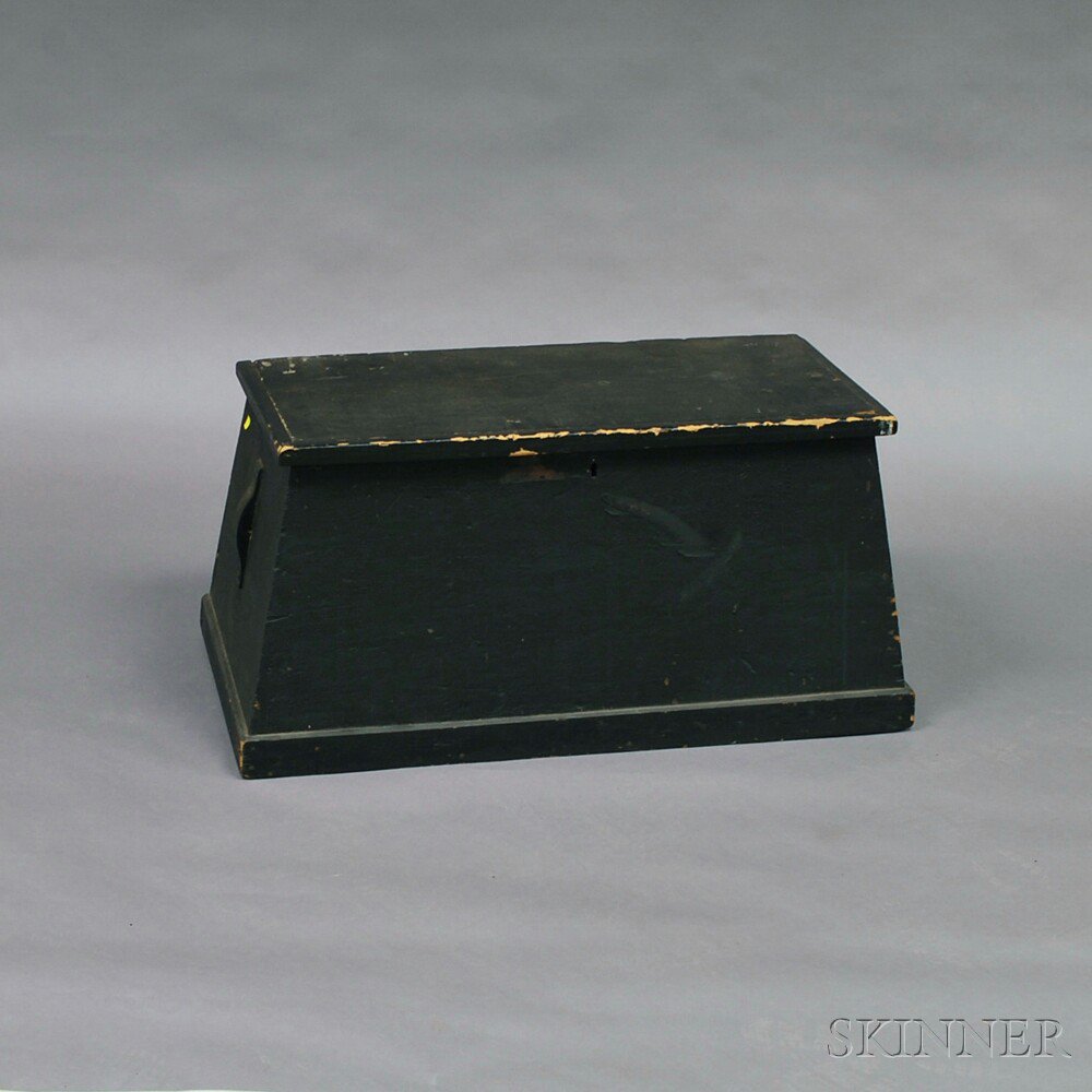 Appraisal: Small Black-painted Sea Chest th century the trapezoidal case with