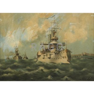 Appraisal: ALAN R HILEY American - Oil on canvas of naval