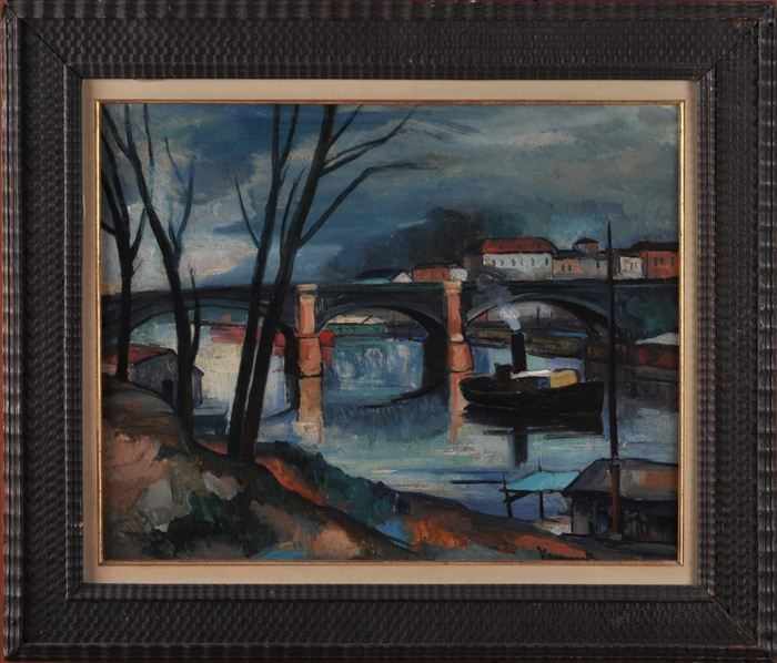 Appraisal: EUROPEAN SCHOOL RIVER SCENE WITH BRIDGE Oil on canvs x