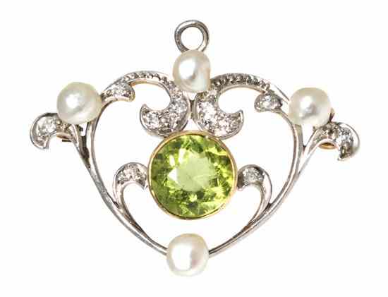 Appraisal: An Edwardian Platinum Topped Gold Peridot Pearl and Diamond Pendant