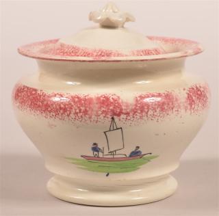 Appraisal: Red Spatter Two Men in a Raft Sugar Bowl Red