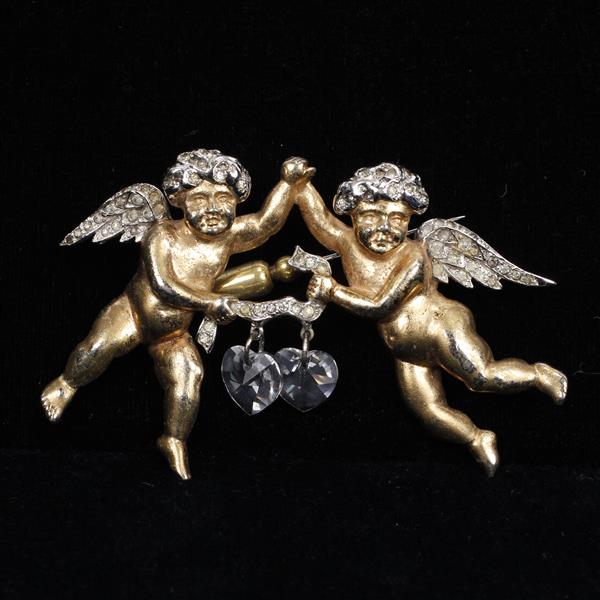 Appraisal: Marcel Boucher Cupids with Clear Jewel Hearts Brooch Pin Wear