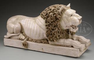 Appraisal: MONUMENTAL CARVED AND PAINTED RECLINING LION MONUMENTAL CARVED AND PAINTED