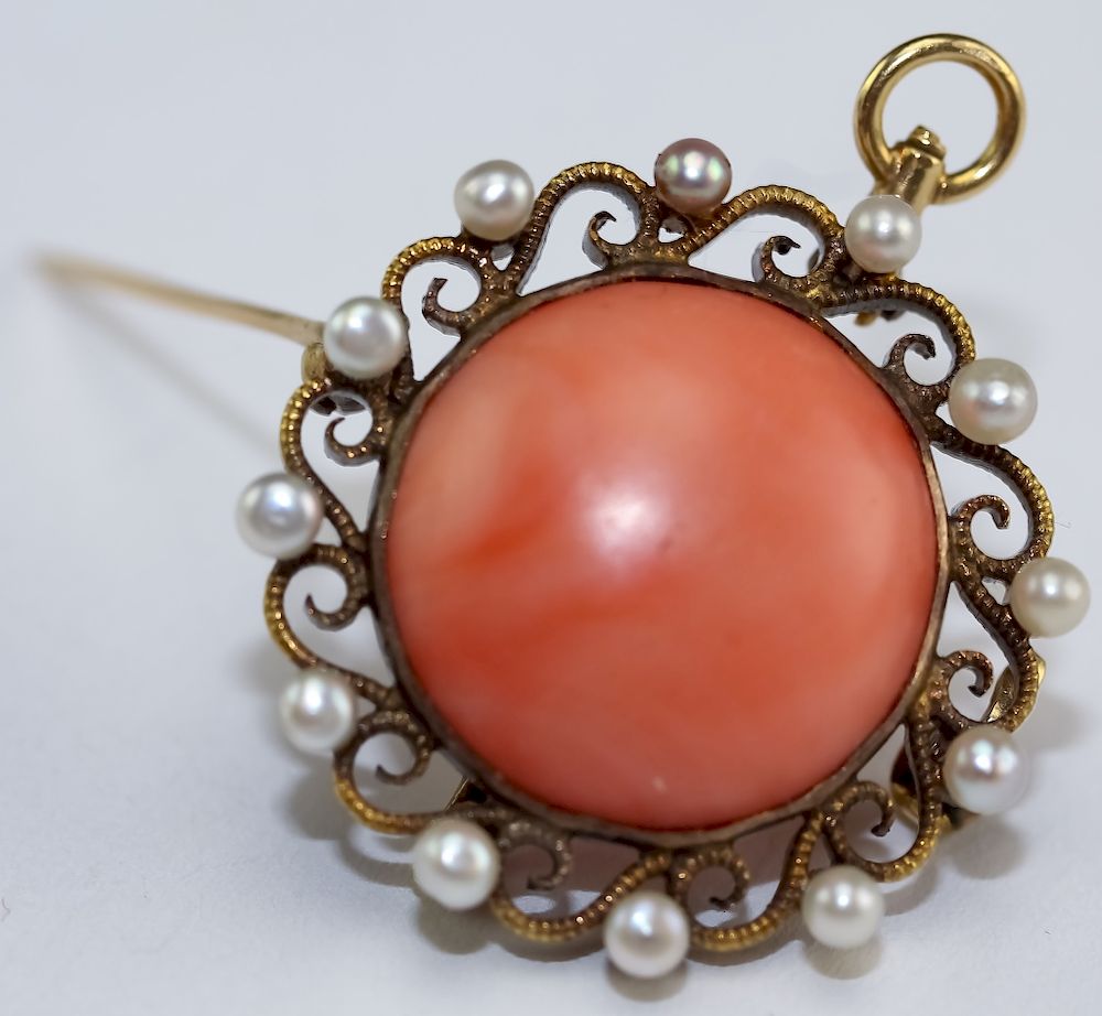 Appraisal: Antique Salmon Pink Coral Seed Pearl Pendant Pin Antique seed