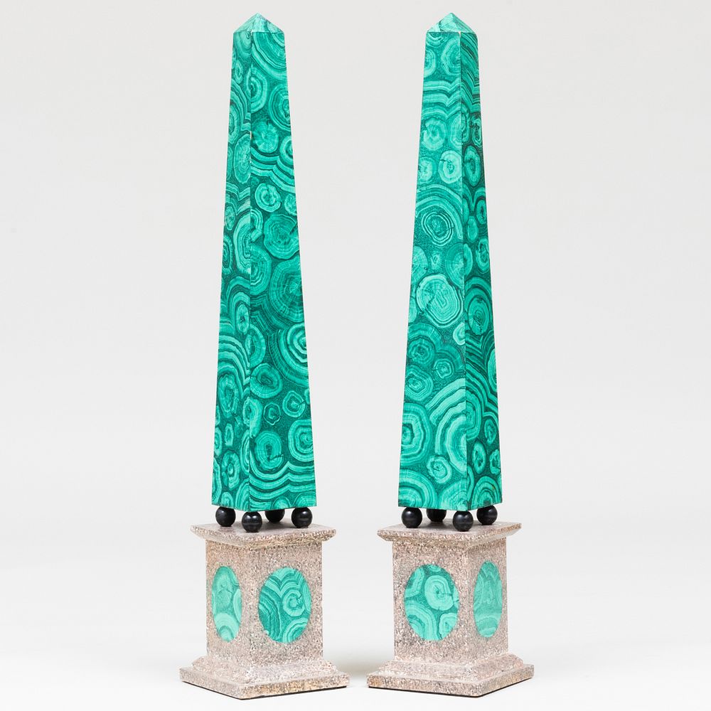 Appraisal: Pair of Trompe L'Oeil Faux Malachite Painted Obelisks x x