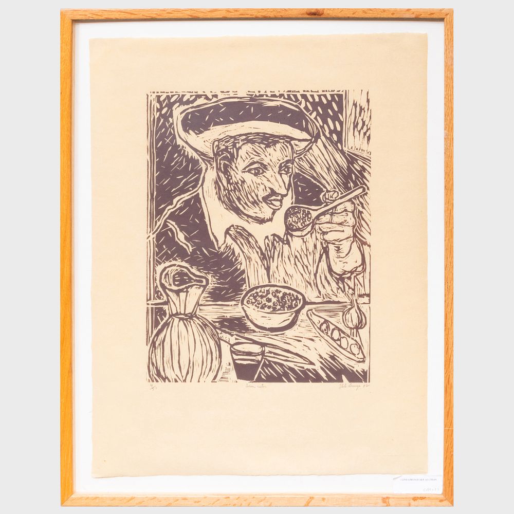 Appraisal: Italo Scanga - Bean Eater Woodcut in aubergine on beige