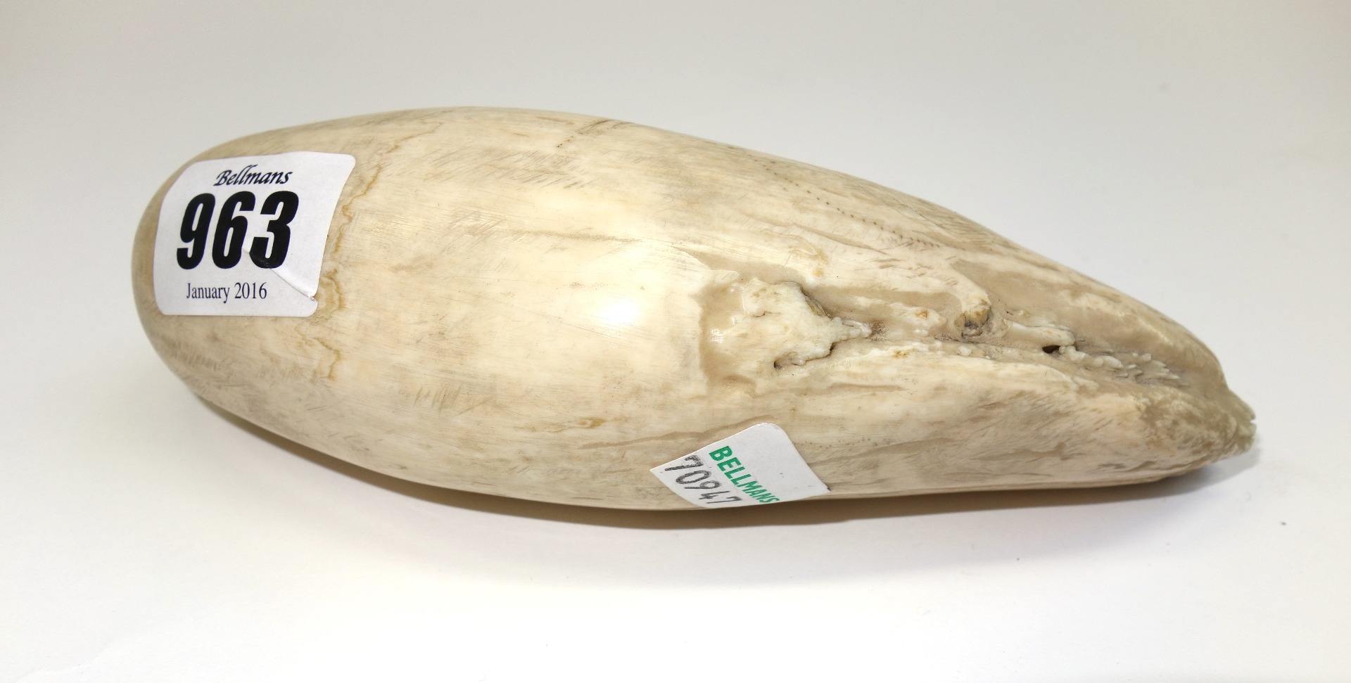 Appraisal: A whale's tooth scrimshaw th century indistinctly decorated with a