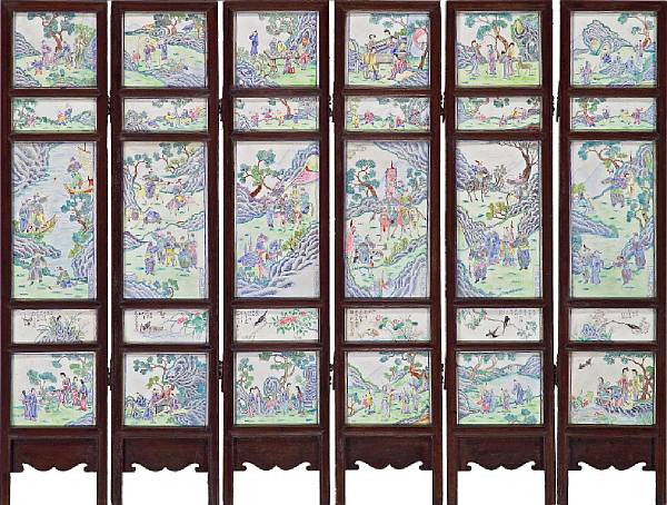 Appraisal: A small six-panel enameled metal and wood screen Qianlong Marks