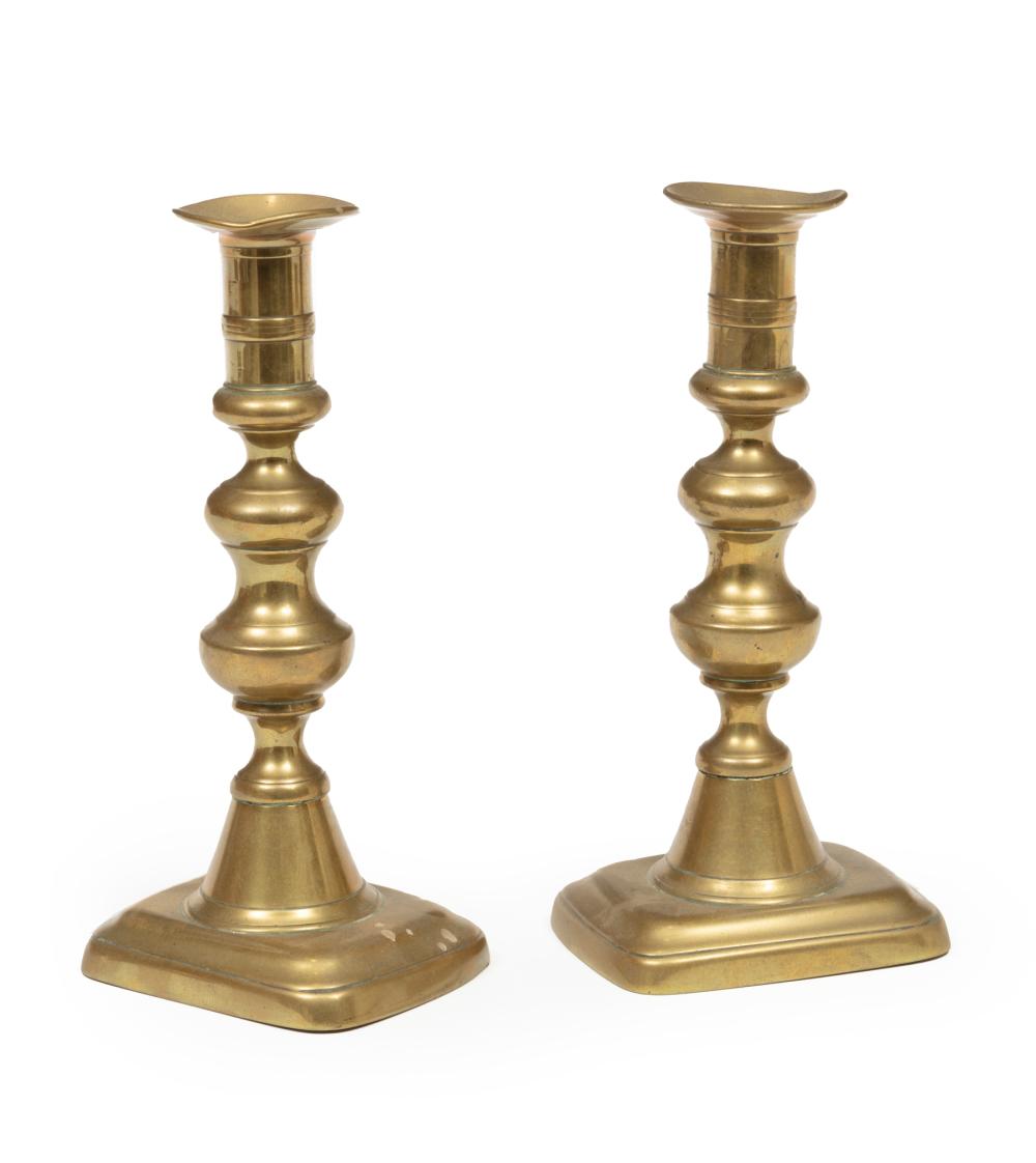 Appraisal: Pair of Late Georgian Brass Beehive Candlesticks c - each