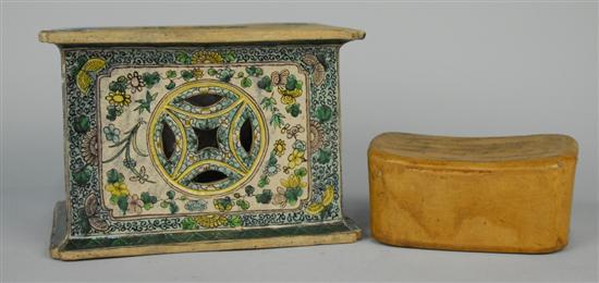 Appraisal: CHINESE GLAZED BRAZIER AND GLAZED FUNERARY PILLOW height of brazier