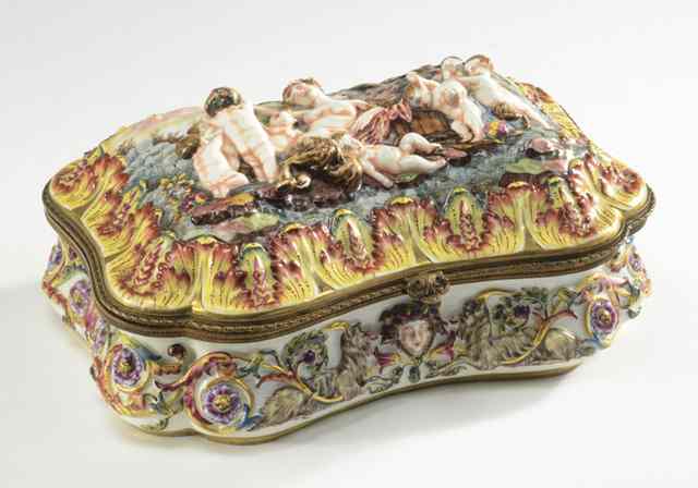 Appraisal: 'CAPODIMONTE'' PORCELAIN BOX having relief figures of fauns and putti