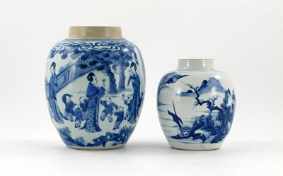 Appraisal: Two Chinese blue and white ovoid vases the smaller decorated