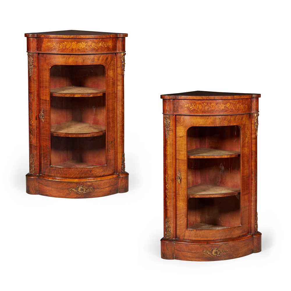 Appraisal: PAIR OF VICTORIAN WALNUT AND MARQUETRY CORNER CABINETS MID TH