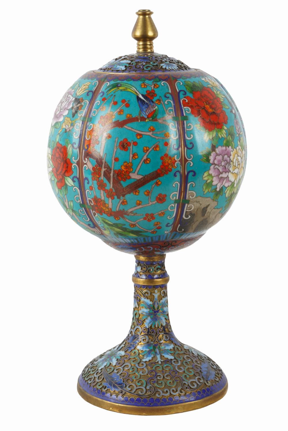 Appraisal: CHINESE CLOISONNE SPHERICAL LIDDED URN ON STANDCondition areas of pitting