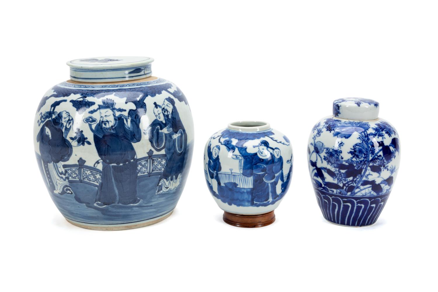 Appraisal: THREE CHINESE BLUE AND WHITE GINGER JARS Three Chinese blue