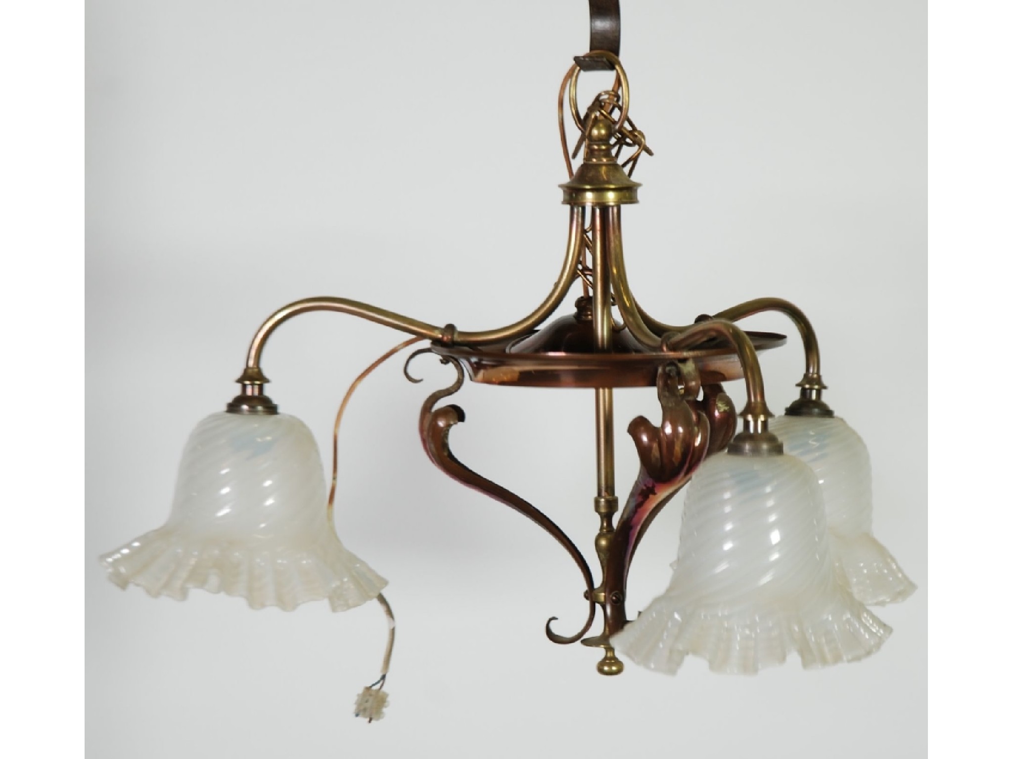 Appraisal: ARTS AND CRAFTS BRASS AND COPPER THREE LIGHT ELECTROLIER the