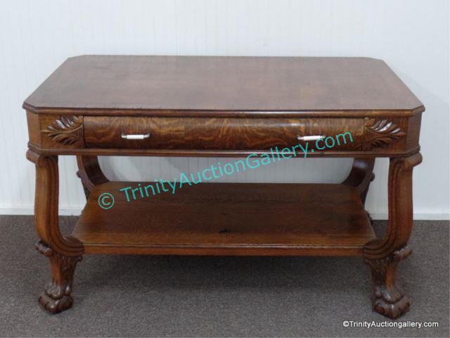 Appraisal: Antique ca Tiger Oak Carved Library Desk Built between and