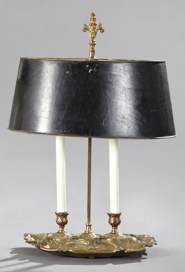 Appraisal: French Brass and Tole-Peinte Two-Light Bouillotte Lamp first quarter th