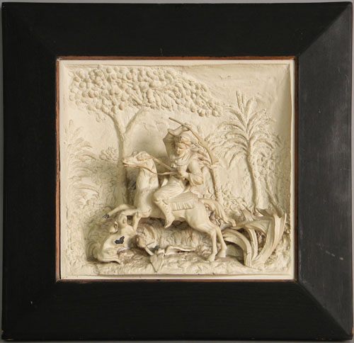 Appraisal: Bronze plaque of a horse and rider h l