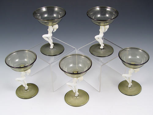 Appraisal: SET OF ART DECO FIGURAL NUDE CORDIAL STEMS White glass