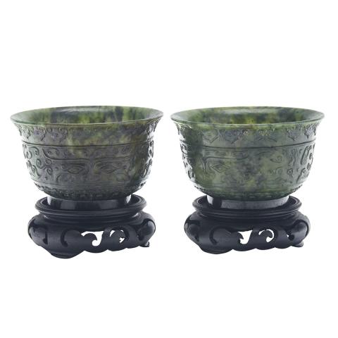 Appraisal: Pair of Spinach Green Jade Archaistic Cups Qianlong Mark Republican