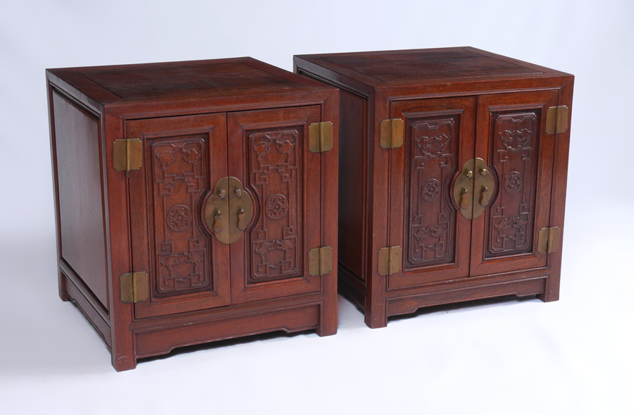 Appraisal: ORIENTAL CARVED DOOR END TABLES Square tops and bodies each