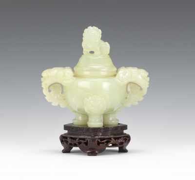 Appraisal: A Chinese Carved Jade Koro Of squat bulbous body raised