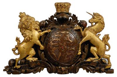 Appraisal: Carved and gilt crest Boston carved lion and unicorn flanking