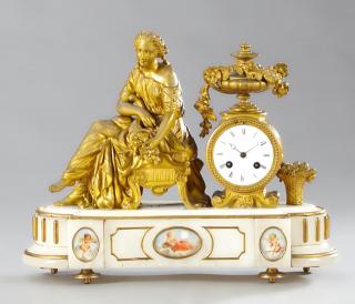 Appraisal: Gilt Spelter and Alabaster Figural Mantel Clock Gilt Spelter and