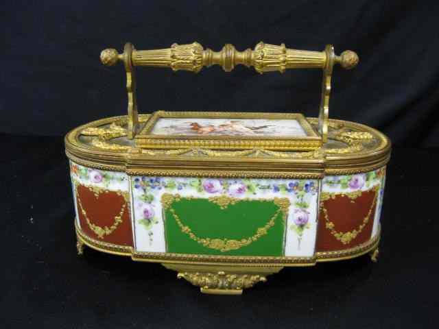 Appraisal: French Victorian Porcelain Bronze DresserBox handpainted cherubs floral garland ormolu