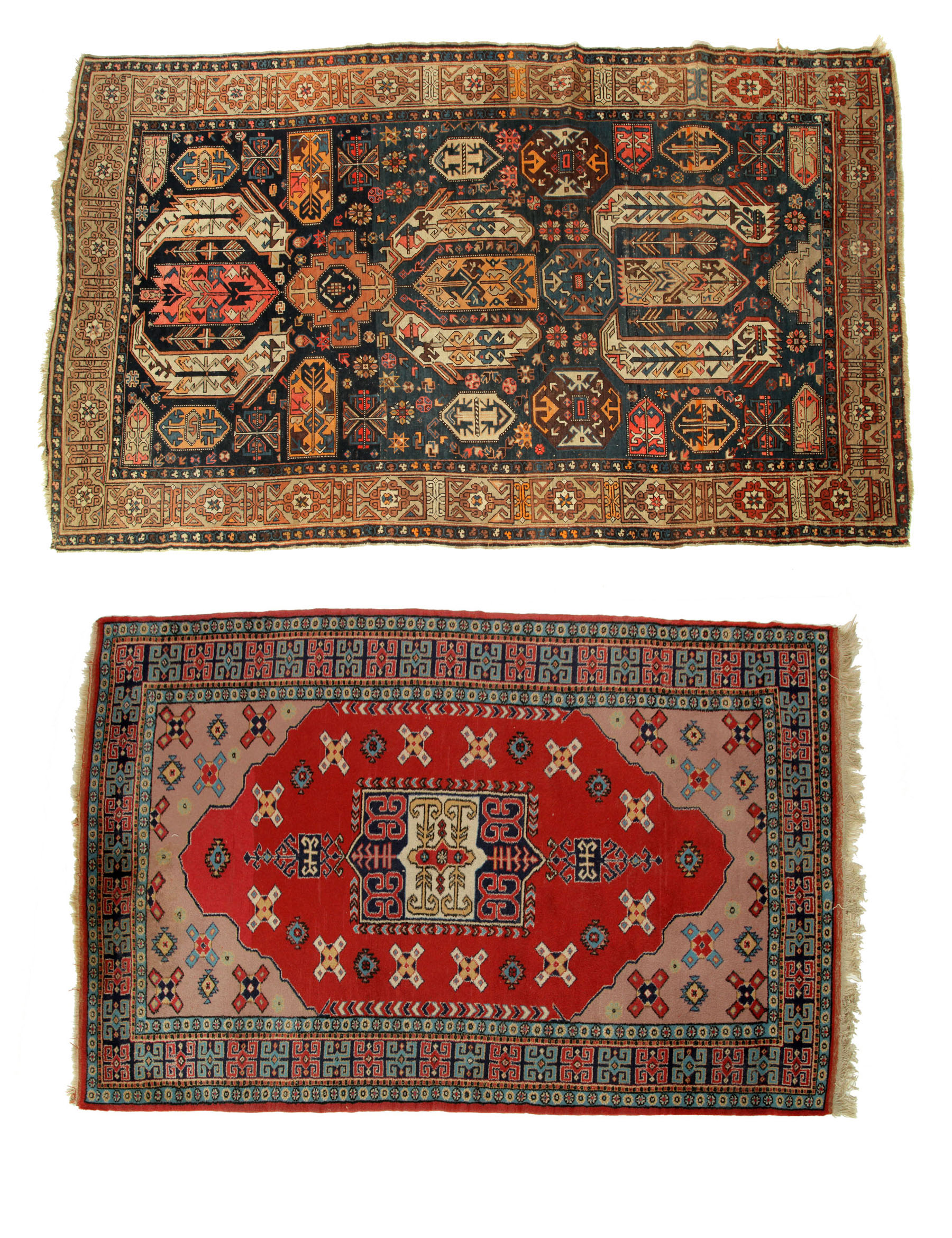 Appraisal: TWO ORIENTAL RUGS Caucasian Graphic design on abrash blue ground