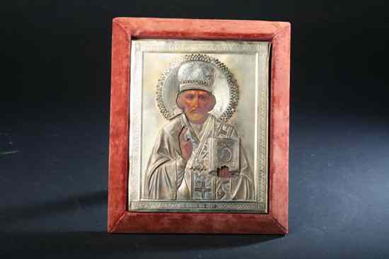 Appraisal: RUSSIAN ICON SAINT NICHOLAS IM Cyrillic maker's mark Kokoshnik mark