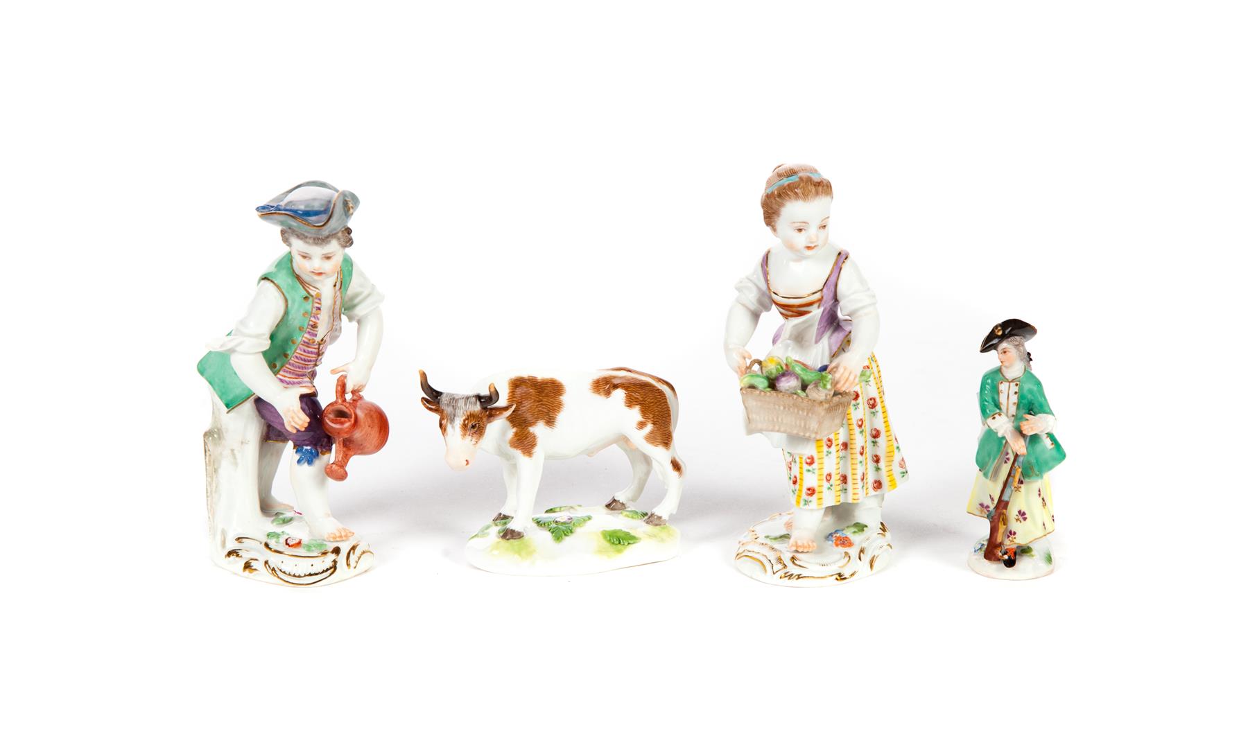 Appraisal: FOUR MEISSEN FIGURINES Germany ca Young boy h young girl