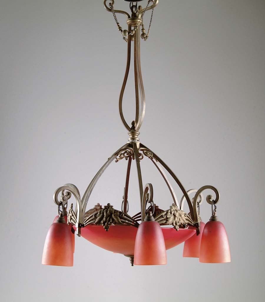 Appraisal: SCHNEIDER DECO CHANDELIER Beautiful Deco chandelier has wrought iron fixture