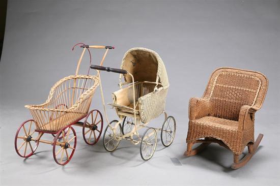 Appraisal: THREE PIECES DOLL CHILDREN'S ITEMS Two wicker buggies One with