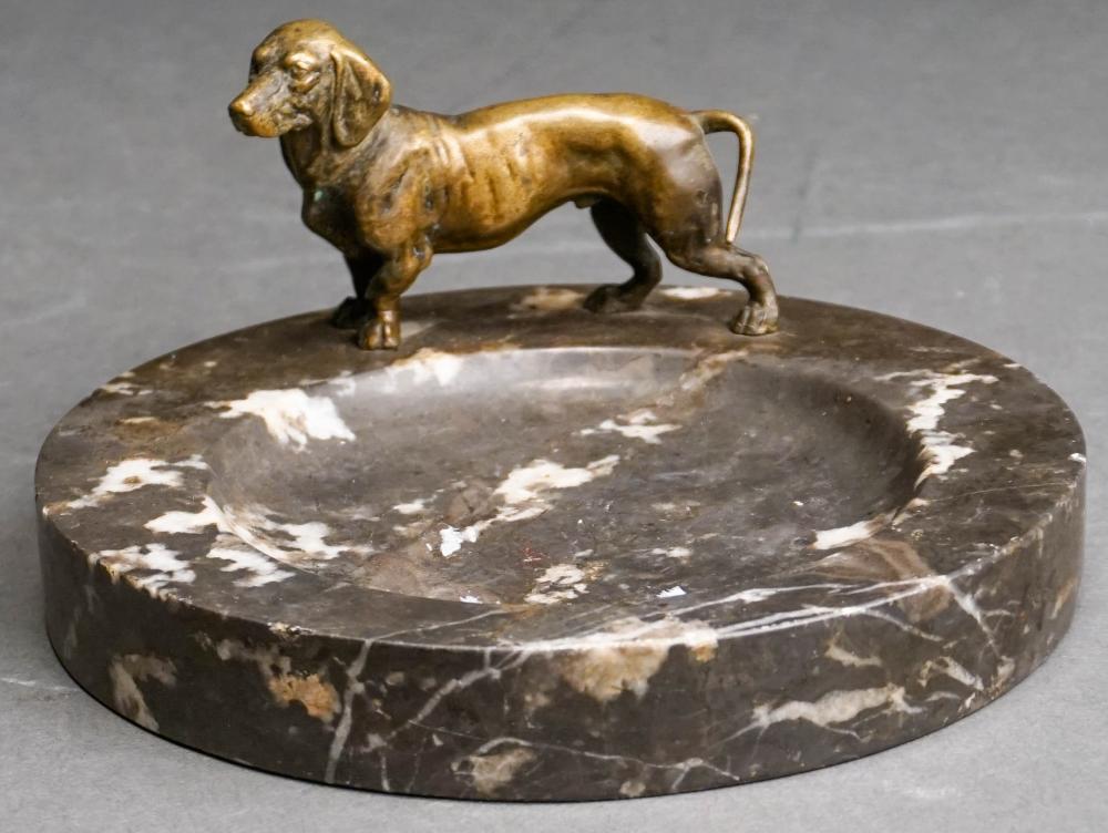 Appraisal: BRONZE DACHSHUND FIGURE ON MARBLE DISH H IN X W