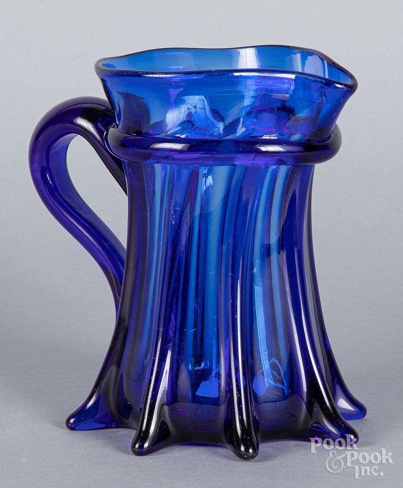 Appraisal: Pillar molded cobalt glass pitcher Pillar molded cobalt glass pitcher