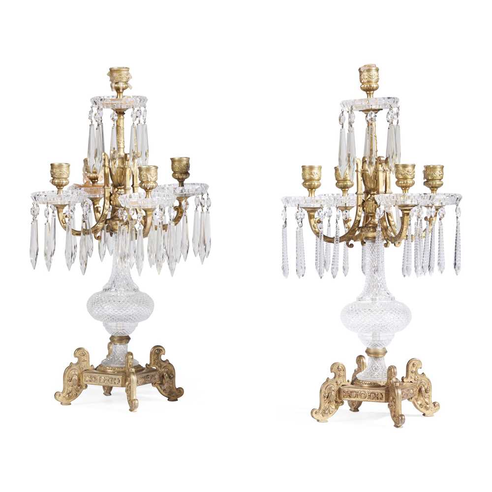 Appraisal: PAIR OF CUT GLASS AND GILT METAL FIVE LIGHT CANDELABRA