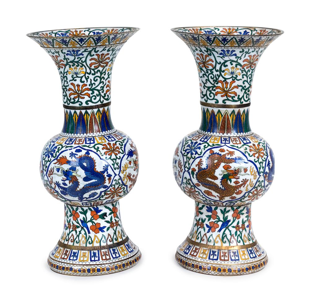 Appraisal: A Pair of Chinese Cloisonne Enamel Gu-Form Vases A Pair