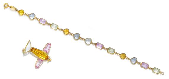 Appraisal: GEMSTONE AND GOLD BRACELET AND BROOCH Yellow gold Delicate bracelet