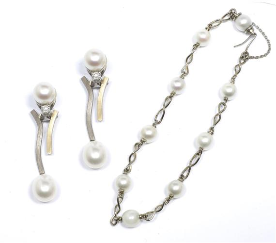 Appraisal: A PEARL AND DIAMOND EAR PENDANTS and A PEARL BRACELET