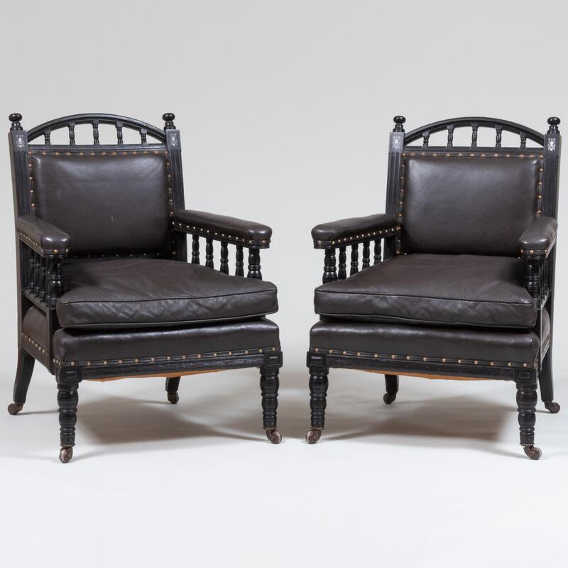 Appraisal: Pair of Late Victorian Ebonized And Leather Upholstered Armchairs x