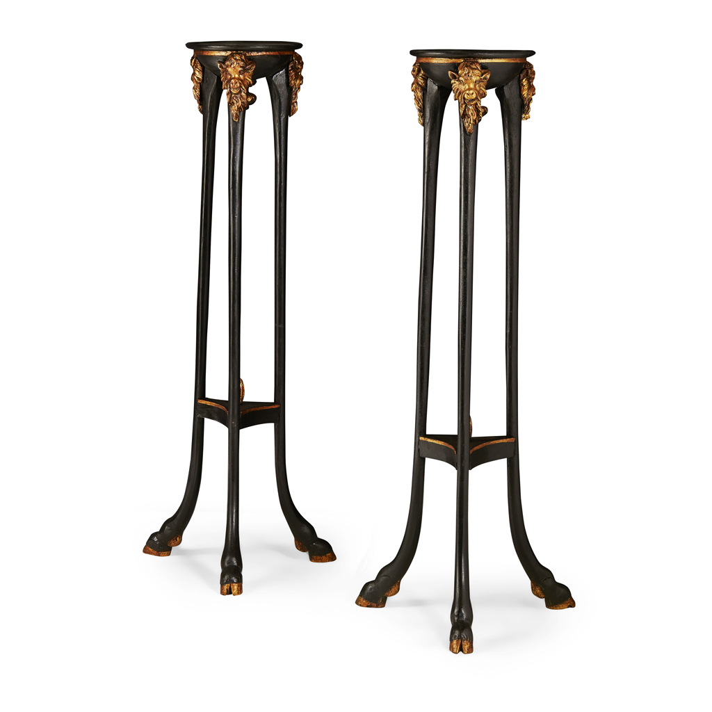 Appraisal: PAIR OF EBONISED PARCEL GILT TORCHERES TH CENTURY the dished