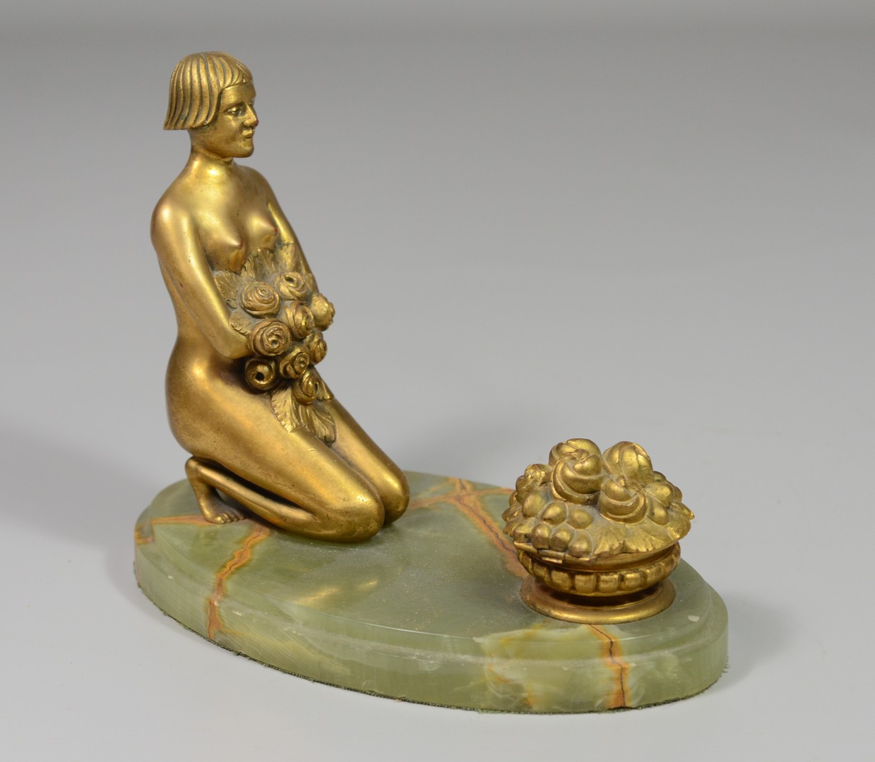 Appraisal: Art deco bronze and green agate nude figural inkwell signed